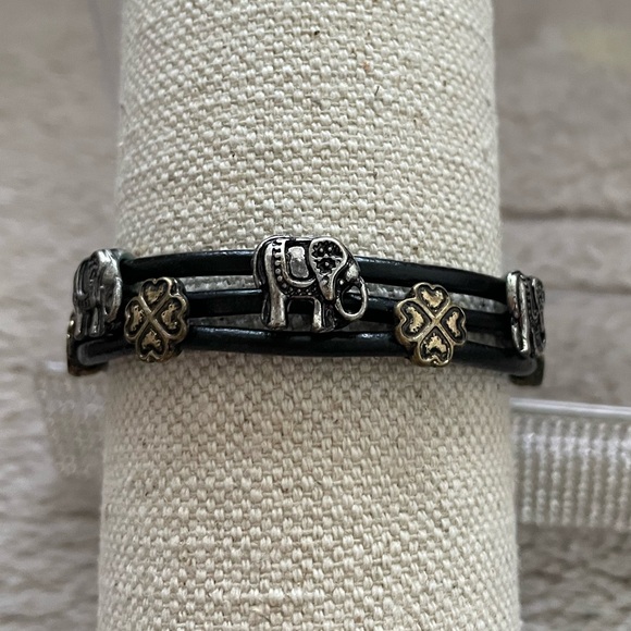 Fashion Jewelry Jewelry - Bohemian Elephant Charm Leather Bracelet with Gold and Silver Accents